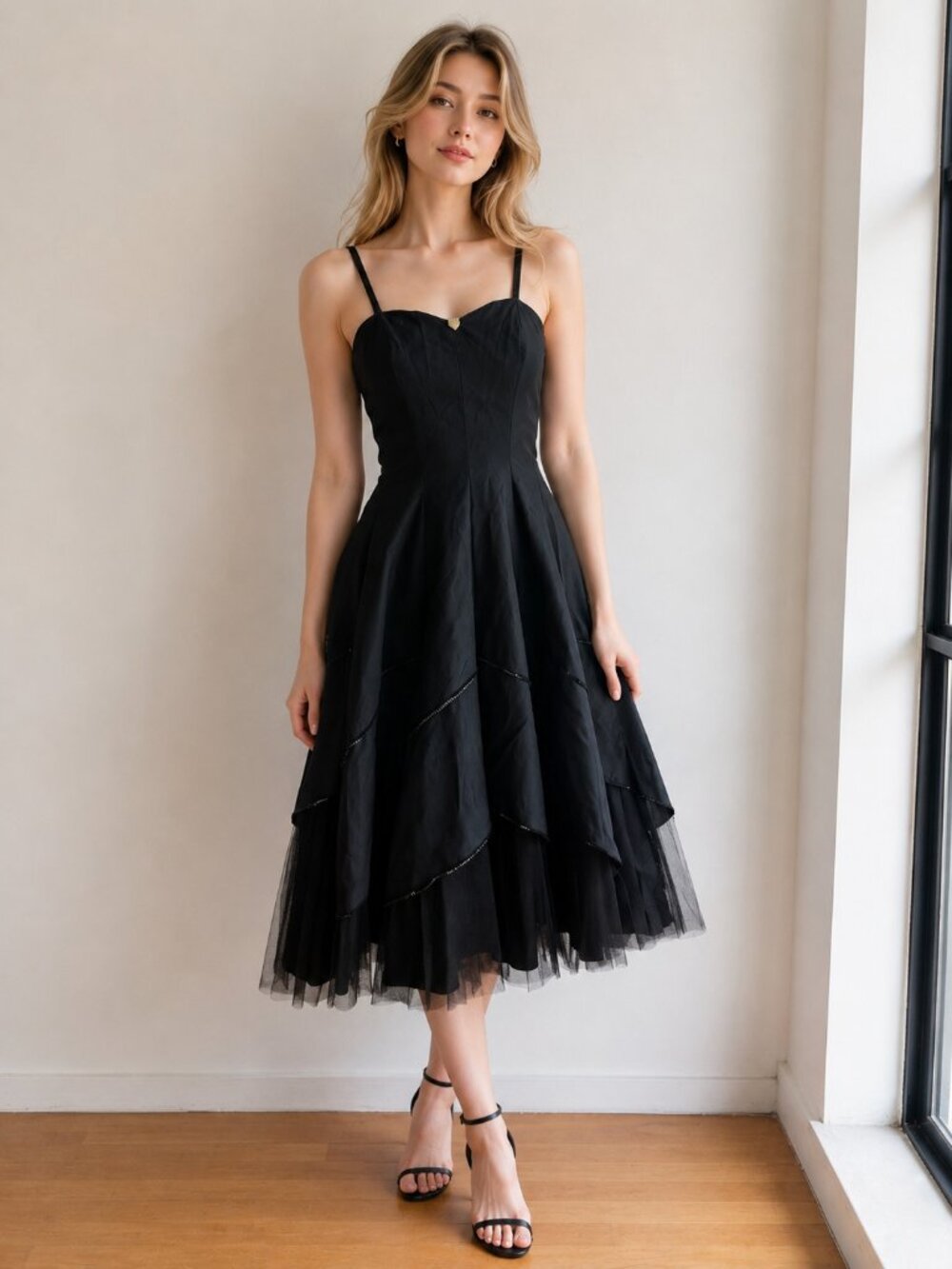 Vintage 60s Black Goth Crinoline Detail Sequin Accent Midi Cocktail Dress M